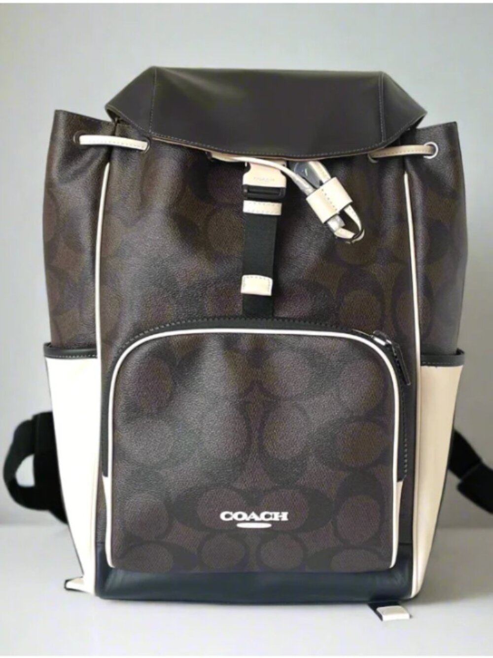 Coach Racer Backpack Colorblock Signature Canvas Leather Walnut Chalk CY775 - Picture 2 of 10